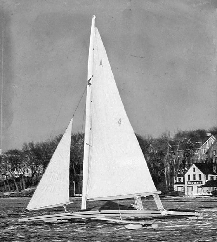 "Just Rigged" 1948 on Lake Mendota with Bernard Boathouse in background